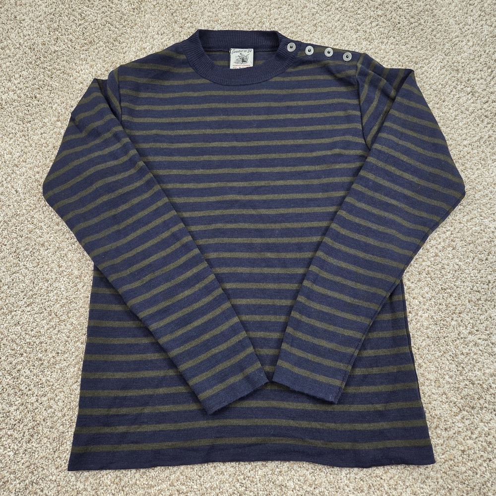 SNS Herning Wool Sweater Medium Naval‎ Striped Navy Blue Green Crew Neck Denmark